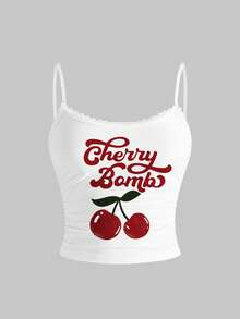 ROMWE Kawaii Cherry 可爱俏皮学院风女童拼接性感吊带背心和短裤两件套（女款） - 白色 - 查看 7