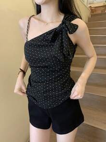DAZY Women's Polka Dot One Shoulder Short Sleeve T-Shirt, Chic Holiday Style, Casual Korean Street Fashion, Spring/Summer - Black - View 8