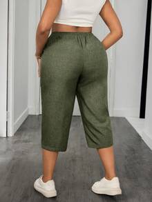 SHEIN PETITE CURVE Plus Drawstring Waist Capris Pants - Fresh Green - View 2