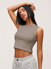 SHEIN BASICS Áo tank top ngắn tay cổ tròn màu trơn dành cho nữ - Lạc đà - Xem 4