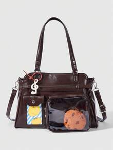 ROMWE Kawaii Brown Double Pocket Lace Bow Cookies Crossbody Bag - Brown - View 1