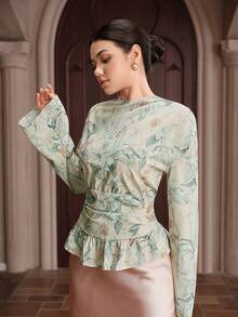 Graceveil Áo kiểu nữ thanh lịch cổ tròn, vai rớt, tay dài, eo nhún, họa tiết hoa. - Màu be - Xem 3