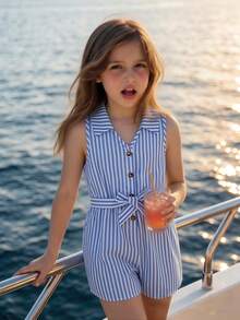 SHEIN Sparklyn 1pc Girls' Fashion New Spring/Summer Casual Woven Striped Lapel Handmade Button Sleeveless Jumpsuit With Belt, Suitable For Daily Outing, Leisure, Party - Blue - View 3