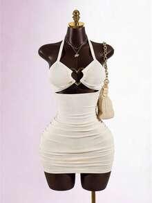 SaltGleam SaltGleam Vestido con tirantes finos y hebilla metálica con forma de corazón hueco, adecuado para fiestas de primavera/verano, uso diario, vacaciones, viajes, minifalda vestido de verano - Albaricoque - Ver 6