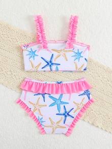 Conjunto de traje de baño con volantes y lazo rosa para niña, bikini con estampado floral, estilo lindo de playa para el verano - Rosa - Ver 2