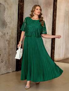 大码女装春夏新款婚礼宾客浪漫连衣裙，新娘礼服，晚礼服，正式女士礼服，优雅蕾丝拼接连衣裙，宽松长裙 - 綠色 - 查看 1