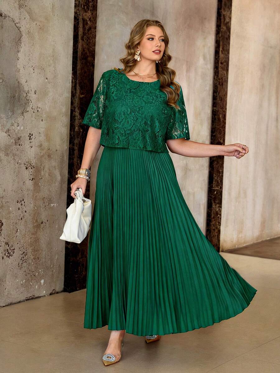 大码女装春夏新款婚礼宾客浪漫连衣裙，新娘礼服，晚礼服，正式女士礼服，优雅蕾丝拼接连衣裙，宽松长裙 - 綠色 - 查看 1