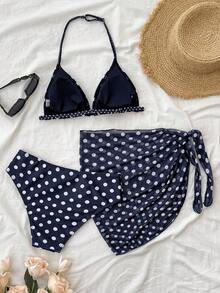 SHEIN Bộ đồ bơi 3 mảnh dành cho thiếu nữ, họa tiết chấm bi, quần và váy buộc dây phía trước, thích hợp cho kỳ nghỉ hè và đi biển. - Màu xanh hải quân - Xem 2