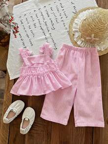 Emery Rose Kids 少女休闲假期上学通勤街头时尚吊带背心拼接A字编织蓝白条纹上衣搭配同款拼接阔腿裤套装 - 粉色 - 查看 10
