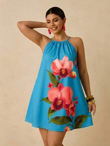 Travachic Plus Size Romantic Green Floral Print Halter Tie Strap Vacation Mini Dress For Women - Baby Blue - View 3