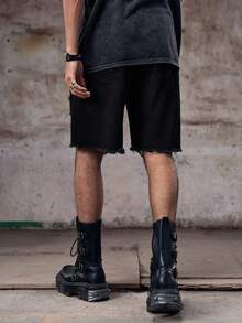 Skyrend Men Loose Fit Ripped Raw Hem Denim Shorts Distressed Design Jortsemo - Black - View 2