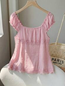Comfortcana Áo sơ mi nữ dệt kim màu hồng phối ren tương phản, kiểu dáng thường ngày, cài cúc phía trước, thích hợp cho mùa hè. - Hồng - Xem 2
