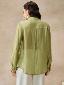 Anewsta High-Quality Fashion French Elegant Pleated Patchwork Embroidered Blouse, Niche Design Lantern Sleeve Turndown Collar Top, Versatile For Work And Vacation - Green - View 8