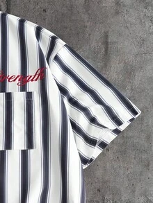 AXEPEAK Áo polo nam kiểu dáng thường ngày, kẻ sọc và in chữ, thích hợp cho mùa hè. - Đen và trắng - Xem 6