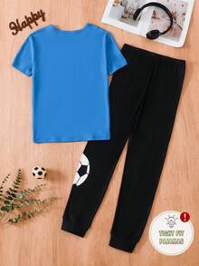 2pcs/Set Teen Boys' Tight-Fitting Loungewear Set, Football Print Short Sleeve Top And Long Pants, Comfortable Casual Sleepwear, Fashionable Sportswear Style, Cool Homewear For Boys - Multicolor - View 2
