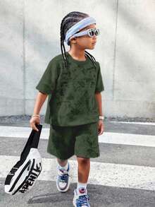 SHEIN Streecool Kids 男童休闲纯色T恤+短裤两件套，适合日常穿着、上学、旅行、夏季户外活动 - 綠色 - 查看 3