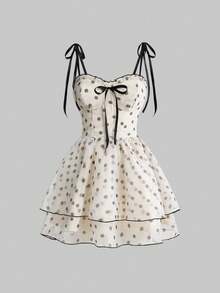 Sweetness 女士复古波点印花甜美迷你连衣裙，蓬蓬公主裙，宫廷风，适合生日、邮轮旅行、优雅派对、毕业典礼、音乐节、新年等各种场合 - 杏色 - 查看 1