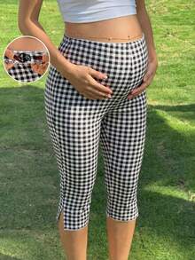 Maternity Casual Plaid Adjustable Waist Capri Leggings - Black and White - View 3