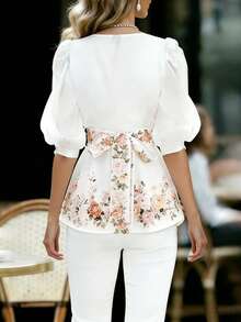 Balvessa 花卉印花收腰V领优雅短袖衬衫 - 白色 - 查看 2