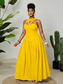 Maweii Đầm dáng suông không tay, dây mảnh, cổ lệch vai, không tay, dành cho nữ cỡ lớn, thanh lịch và gợi cảm, thích hợp cho mùa xuân/hè. - Màu vàng - Xem 3