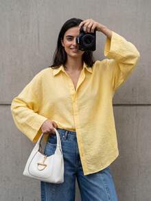 Solavon Solid Drop Shoulder Shirt,Long Sleeve Tops - Yellow - View 2