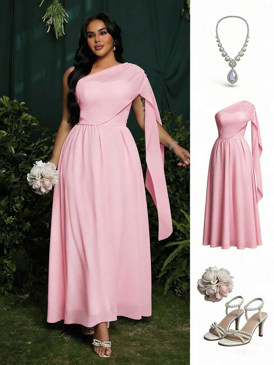 Roveilla Plus Size Asymmetrical Blue Chiffon Elegant Vacation Dress, Spring/Summer - Pink - View 1