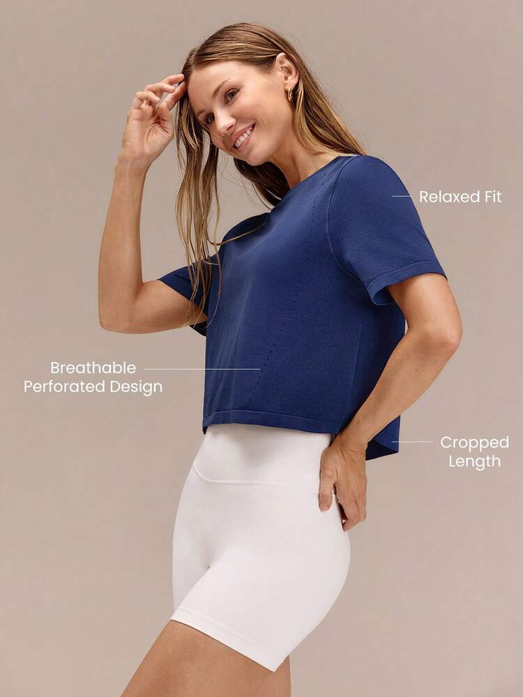 Maglia casual estiva, ultra morbida, senza cuciture, traspirante, elastica, con vestibilità rilassata e vita corta