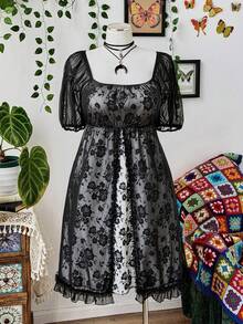 Sunspun Plus Size Women Lace Ruffle Fashion Date Dress, Suitable For Summer - Black - View 5