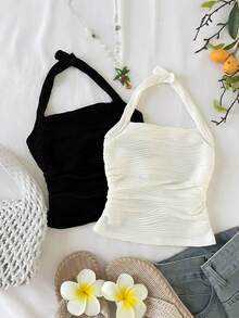 Soft Wavy Texture Sleeveless Cropped Top & Camisole 2 Pieces Set, Versatile For Beach, Travel, Casual Wear, Suitable For Tween Girlsin Spring/Summer - Black and White - View 4
