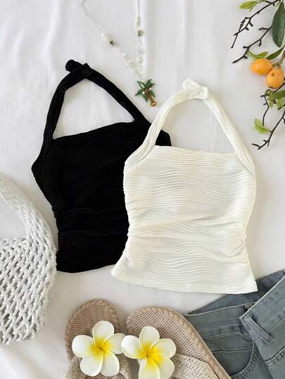 Bộ 2 món áo croptop và áo camisole không tay chất liệu mềm mại, gợn sóng, đa năng cho đi biển, du lịch, mặc thường ngày, phù hợp cho các bé gái tuổi teen vào mùa xuân/hè.