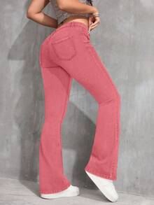 SHEIN ICON Plus Size Women Blue Denim Elastic Fitted Retro Versatile Flare Pants, Cowgirl Rodeo Outfits - Pink - View 2