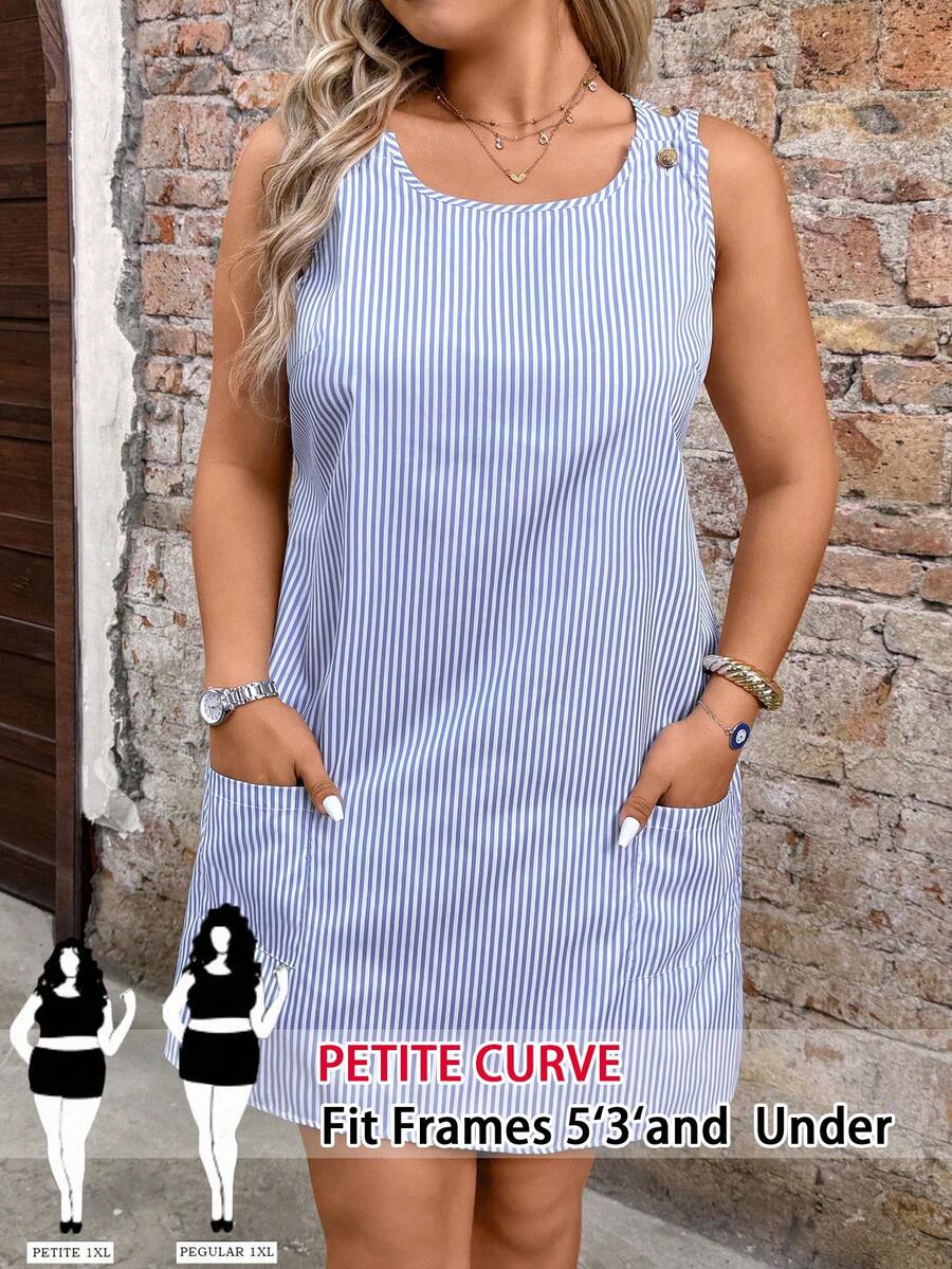 SHEIN PETITE CURVE 大码女式夏季条纹圆领无袖休闲吊带连衣裙,带双口袋,适合夏季穿着的可爱春装。 - 藍白色 - 查看 1