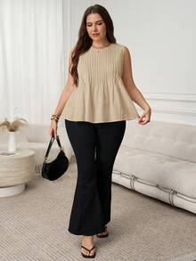 SHEIN LUNE Áo thun nữ cỡ lớn màu trơn cổ tròn, kiểu dáng thường ngày, đa năng. - Màu be - Xem 6