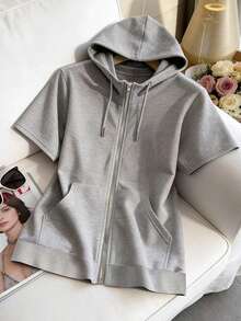 Franclia Women's Solid Color Short Sleeve Zip Front Drawstring Sweatshirt - Grey - View 7