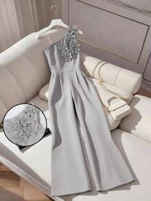 Jumpsuit Anak Perempuan Warna Abu-abu Gelap Kasual Model Bahu Miring Longgar dengan Dekorasi Bunga, Cocok untuk Sehari-hari, Bepergian, Sekolah, Tamu Pernikahan, Musim Semi, Musim Panas, dan Musim Gugur - Grey - View 3