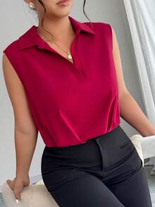 Elenzga Plus Size Women's Elegant Sleeveless Collared Pleated Bodysuit, Spring/Summer - Burgundy - View 6