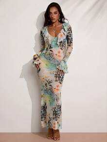 SHEIN BAE Đầm dài tay cổ chữ V sâu, viền bèo nhún, chất liệu chiffon, in hoa, thích hợp cho kỳ nghỉ của nữ. - màu xanh lá - Xem 4