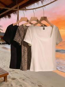 SHEIN EZwear 3pcs/Set Women's Square Neck Short Sleeve Casual Fitted T-Shirt Set, Suitable For Summer, Ribbed Top, Basic - Multicolor - View 5