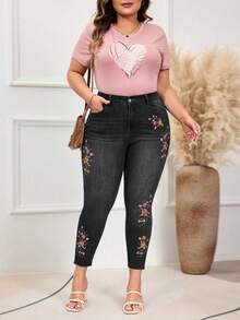 EMERY ROSE Mature Denim Plus-Size Women's Autumn/Winter Embroidered Retro Washed Denim Jeans - Dark Grey - View 3