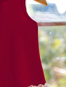 Baby Girls Winter,Wednesday,Black Dress,Baby Girl Round Neck Sleeveless Bowknot Decor Pearl Studded Contrast Color Pleated Ruffle Hem Dress Red Girls Dress With Pearls Red Dress For Girl Girls Pearl Dress Red Bow Dress For Girl - Red - View 7