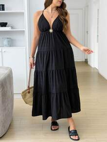 SHEIN LUNE Plus Size Women Metal Sun Decor Camisole Dress - Black - View 2