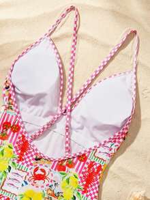 Swim Vcay 女士随机印花V领性感露背连体泳衣，适合海滩度假 - 彩色 - 查看 5