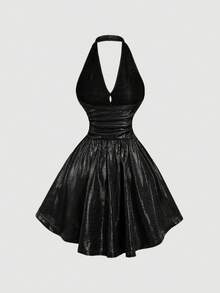 SHEIN MOD 女士V领修身金色紧身连衣裙 - 黑色 - 查看 3