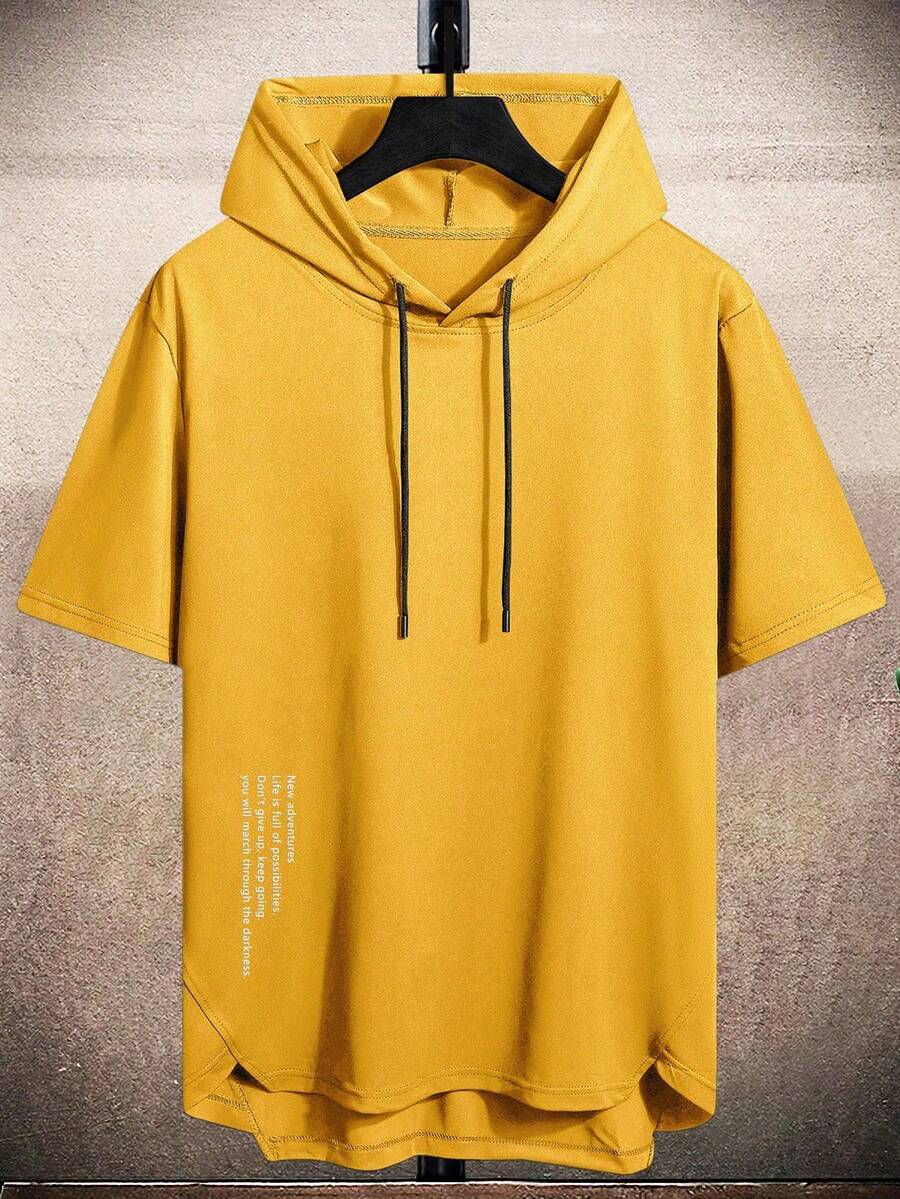 Manfinity Homme Men's Slogan Print Drawstring Hooded Short Sleeve Casual T-Shirt - Yellow - View 1