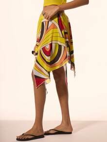 MUSERA 印花不对称下摆飘逸低腰中长裙，可爱春夏度假场合，伊比沙岛优雅柠檬水风 - 彩色 - 查看 3