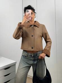 SHEIN EZwear 1 件纯色 PU 复合羊毛长袖前扣口袋夹克 - 咖啡棕 - 查看 5