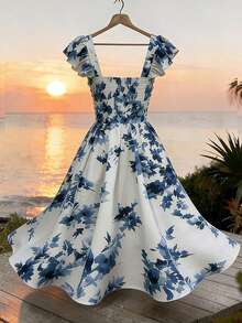 Modelyn Summer Beach Vacation Sweet & Fashionable Printed Cap Sleeve Backless Fitted Flared Hem Elegant Birthday Party Mini Dress For Women - Multicolor - View 6