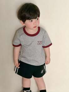 DAZY Toddler Boys' Round Neck Contrast Color Letter Print Short Sleeve Top, Summer - Grey - View 1