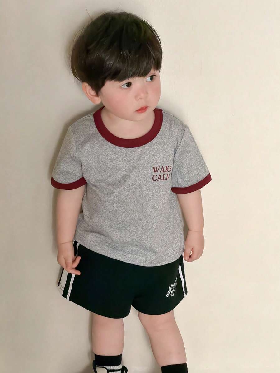 DAZY Toddler Boys' Round Neck Contrast Color Letter Print Short Sleeve Top, Summer - Grey - View 1