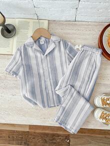 SHEIN LMoss Kids 男童条纹休闲衬衫裤套装（2件套） - 藍色 - 查看 4